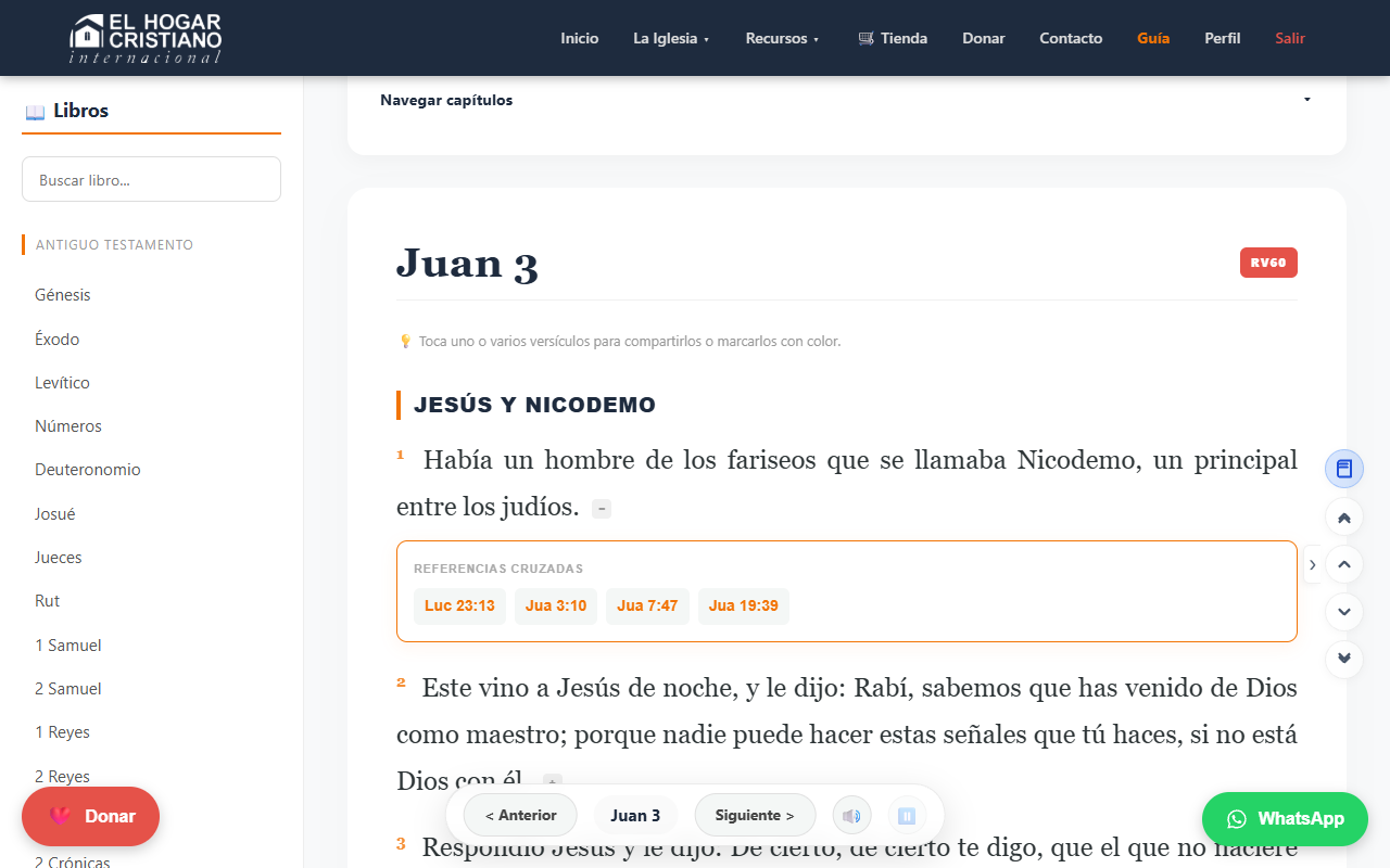 Panel de referencias cruzadas desplegado bajo un versículo